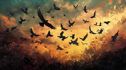 Birds in Dramatic Sunset Sky: A Vivid Painting