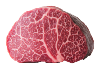 Raw marbled wagyu beef cut displaying intricate fat patterns and rich red color, gastronomic delight for gourmet cooking concept