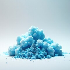 Bright blue cloud of powder on a pristine white surface, white canvas, clear sky, vibrant