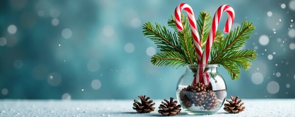 Candy canes and fir branches in a vase with pinecones, vase filler, winter background