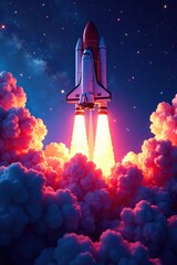 Space shuttle takes off with a burst of colorful neon lights, neon lights, vibrant, galaxy