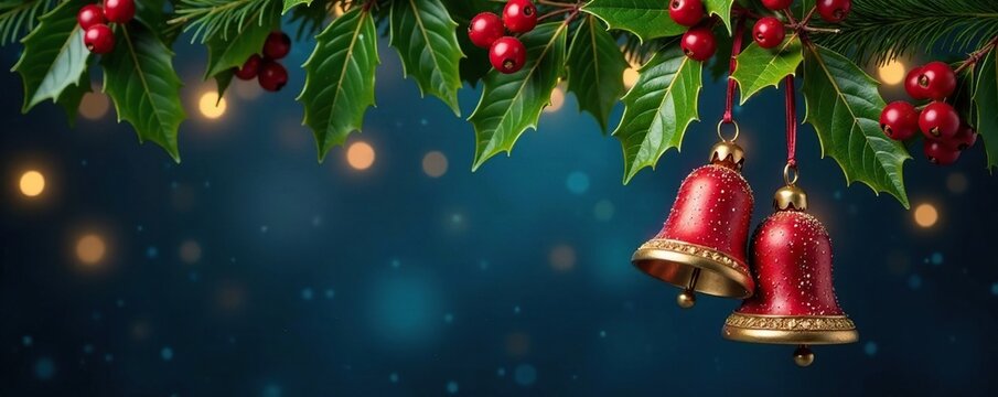 Sparkling Christmas bells hang from a lush holly garland on a dark blue background, festive, christmasbells