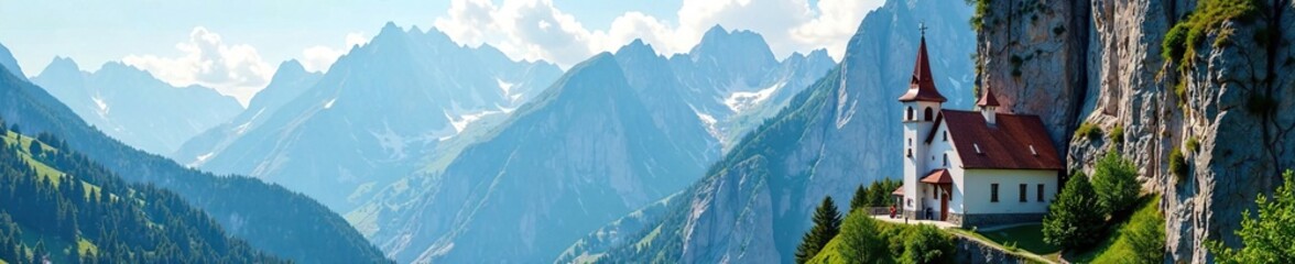 Church perched on the edge of a cliff in the Dolomites mountains, architectural detail, kirche, dolomites