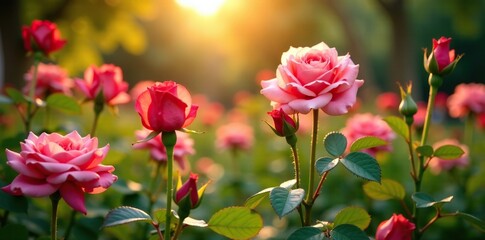 Sunlit rose garden with many blooming flowers, garden, horticulture