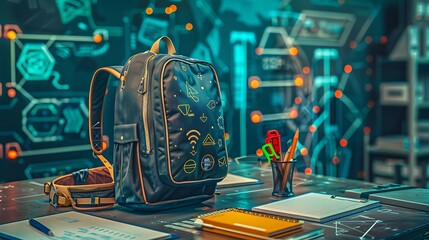 Back to school mockup with a trendy backpack, coding tools, and planners on a futuristic tech classroom background, with a mockup