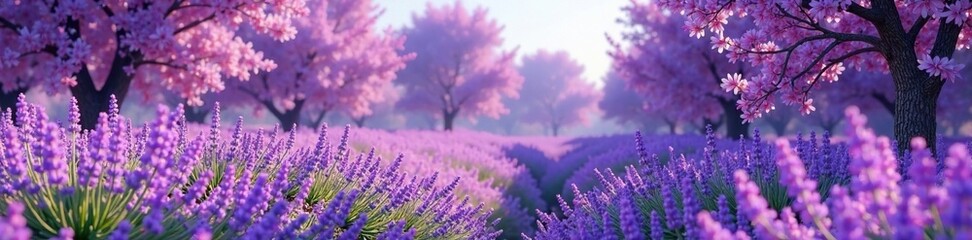 Obraz premium Dense foliage of blooming sage oak trees with vibrant purple flowers similar to lavender against a soft floral background, purple hues, nature landscape, sage oak