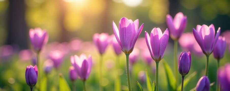 Delicate purple crosus flowers in morning light, spring, blooming