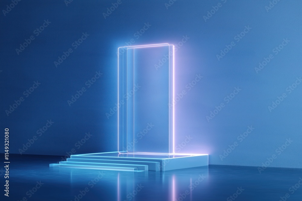 Poster modern virtual tech interface displays future building design. neon glow tech showcase architectural