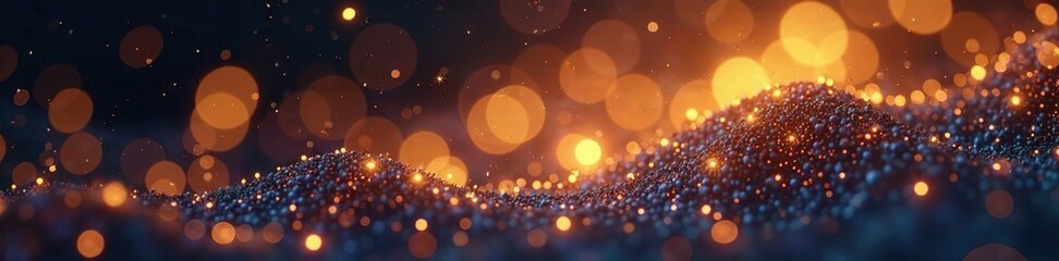Whispers of glittering lights weave a tapestry on a dark background featuring swirly golden bokeh and luminous textures, whispering lights, iridescent, abstract