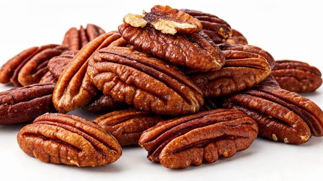 Nuts A bright closeup shot of a pile of pecans their deep brown color and shiny surfaces reflecting light with jagged edges creating an interesting visual pattern.