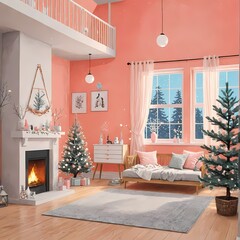 A cozy living room with pink walls. a Christmas tree. and festive decorations like a sofa. carpet. plant. and lamps.