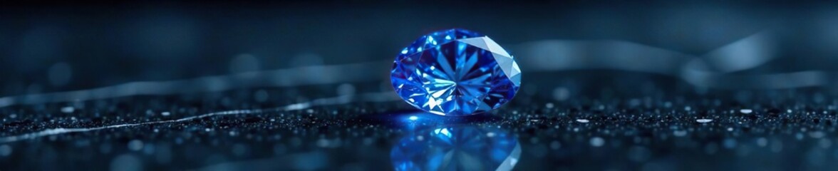 Fototapeta premium A lone blue sapphire shining brightly on a bed of black marble, casting an ethereal light on the surrounding surface, luminous, blue sapphire, elegant