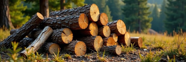 Fototapeta premium A pile of chopped firewood with some logs still uncut, chopped wood, wilderness scene, rustic landscape
