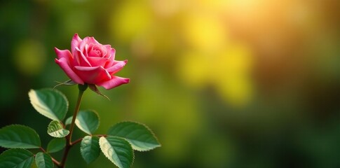 Obraz premium A single pink rose bud nestled among the leaves of a bush rose, in a warm sunlight, garden blooms, gardening, leaves