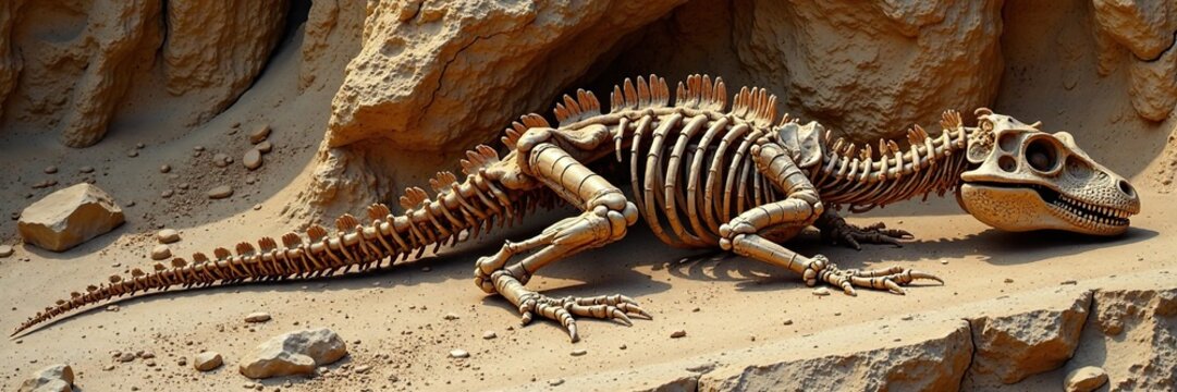 Fossilized skeleton of Coelophysis bauri lying on rocky outcrop, Jurassic period, reptile fossil
