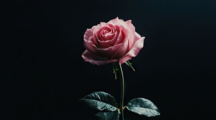 Fototapeta premium A delicate pink rose with soft lighting, standing out against a pure black background.