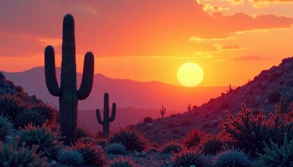 Cactus plants against a vibrant orange sunset backdrop, tranquil scene, serene landscape, gentle hues