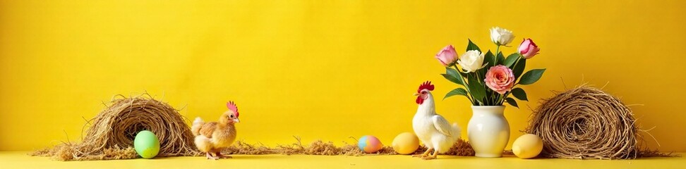 Obraz premium Chicken and spring flowers in a vase among the hay bales on a bright yellow Easter background, floral arrangements, natural elements, yellow background