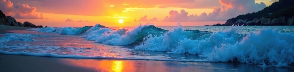 Fototapeta premium Luminous blue wave cresting over a sandy beach at sunset, sunset, serene atmosphere, luminous