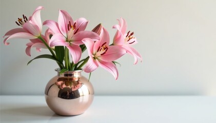 Obraz premium Delicate pink lily stems in a mercury glass vase, home fragrance, scent, feminine