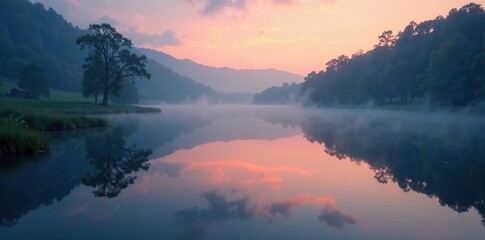 mysterious fog rolling in on a still pond at dusk, serene landscape, soft focus