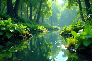 Dense aquatic plant life surrounds the river's calm surface, nature, aquatic plants, river