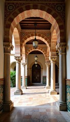 Ornate arches in a historic Spanish courtyard with ornate tile work and stonework, ancient, arches, courtyards