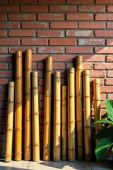 Row of woven bamboo sticks against a weathered brick wall, tropical, row