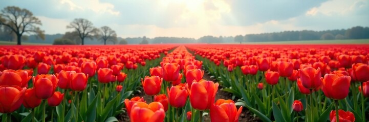 fields of beautiful red tulips swaying gently in the breeze on a cloudy spring morning, red tulip field, landscape, nature