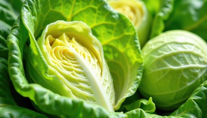 Fototapeta premium Fresh shredded cabbage exposed to sunny conditions, leafy, bright