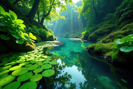 Serpentine blue river with dense green duckweed lemna plant growth, duckweed, algae growth