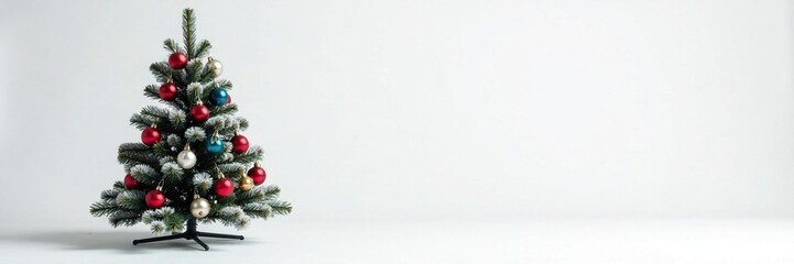 Snowy Christmas tree with colorful ornaments on white background, christmas decoration, decorations