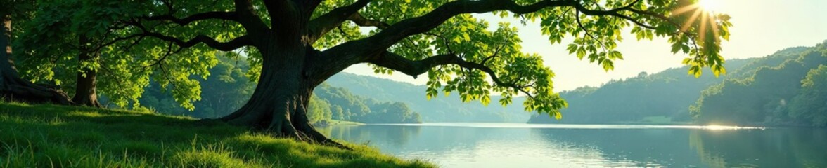 Fototapeta premium Majestic oak tree with broad leaves and sprawling branches in a serene lake view, serene, greenery