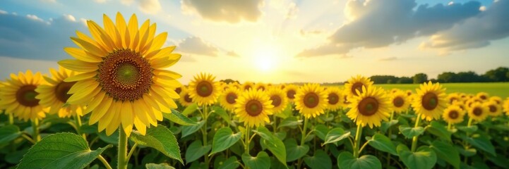 Obraz premium sunflowers follow the sun in a light green field, blooms, blooming