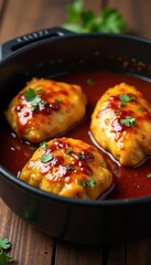 Fototapeta premium Marinated chicken thighs in a simmering adobo sauce pot, steaming hot meal, adobo sauce