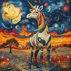 Obraz premium Colorful Giraffe with Zebra Stripes in Fantastical Landscape