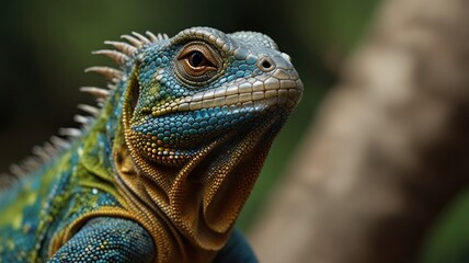 Fototapeta premium Close-up portrait of a vibrant blue and gold iguana.