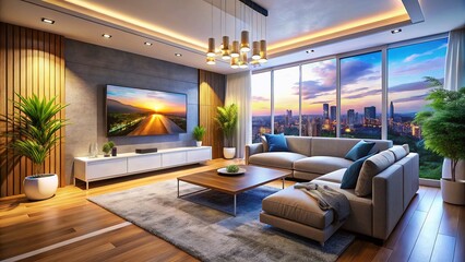 Fototapeta premium Modern Living Room Aerial View: Stylish Sofa & Flat Screen TV