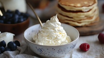 A dollop of whipped cream being spooned into a bowl with a stack of pancakes nearby.