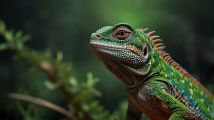 Fototapeta premium Vibrant green lizard portrait in lush foliage.