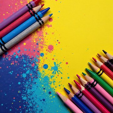 Un lapicero con crayones y pinceles sobre una mesa de madera, , madera