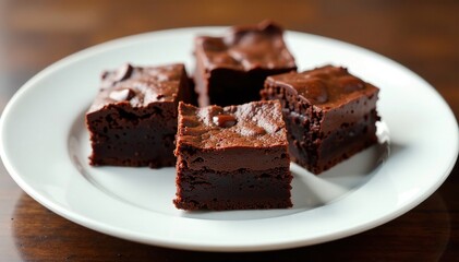 Rich chocolate brownies atop a pristine white plate, chocolate brownies, indulgent treats