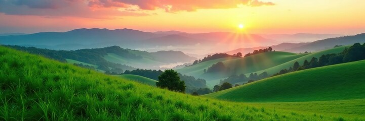 Fototapeta premium Rolling hills of emerald green, gentle mist rising from valleys, mountains at sunset, misty morning, sunset