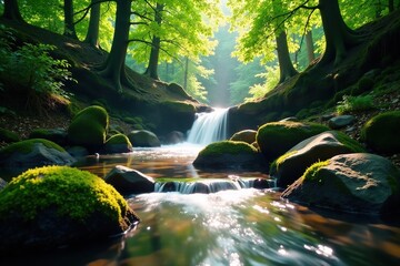 Shimmering water features in the heart of the forest, Forest streams, Waterfall