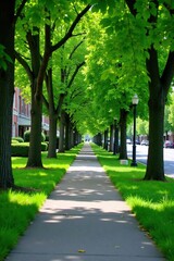Obraz premium Sidewalk blends seamlessly into the greenery beneath a canopy of trees, trees, concrete, serenity