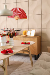 Interior of festive dining room decorated for Chinese New Year celebration
