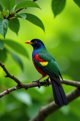 Naklejka premium A tui's colorful plumage against the green leaves of a Taiwan cherry tree, nature, plumage