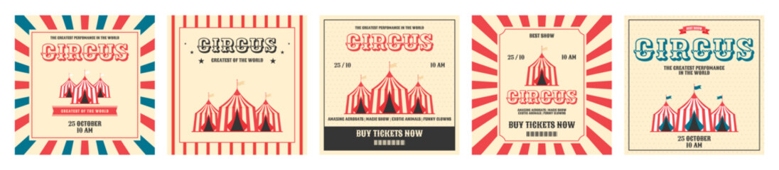 Colorful vintage circus invitation card set. Striped circus tents in flat style. Retro vector illustration. Background for advertising banner, poster, flyer, post and more © Dukhanina Ekaterina