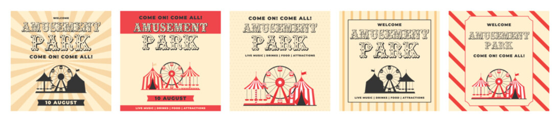 Colorful and monochrome vintage amusement park invitation post set. Ferris wheel, circus tent, carousel in flat style. Retro vector illustration. Template for advertising banner, card, flyer, poster © Dukhanina Ekaterina