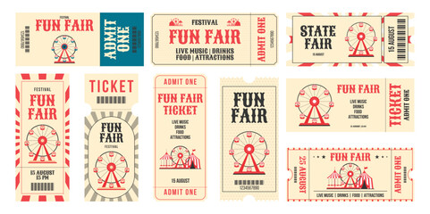 Vintage fun fair horizontal and vertical tickets set. Ferris wheel, circus tent, carousel, decorative elements and more details events. Flat vector illustration on white background © Dukhanina Ekaterina